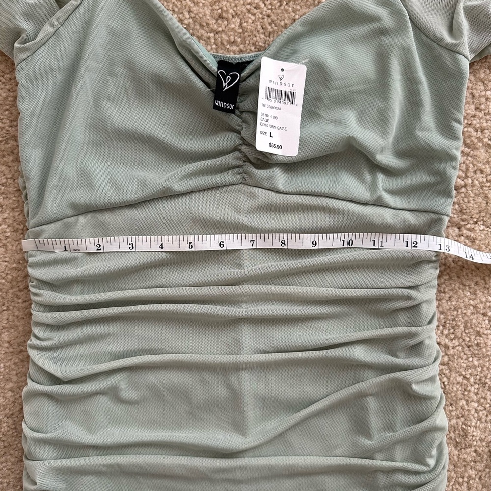 Windsor Sage Mint Ruched Mini Bodycon Dress Homecoming Sweetheart Large 8 10 - Picture 2 of 4